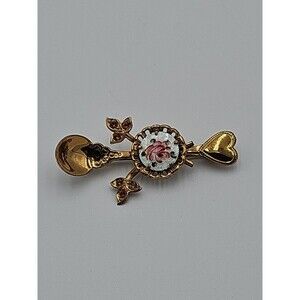 Rare Vintage Tiny Gold Vermeil Spoon Heart Brooch Pin With Guilloche Medallion